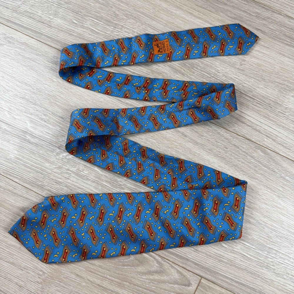 Vintage Hermes Paris Silk Tie‎ Mens Blue Magic Carpet Stars Moons Pattern